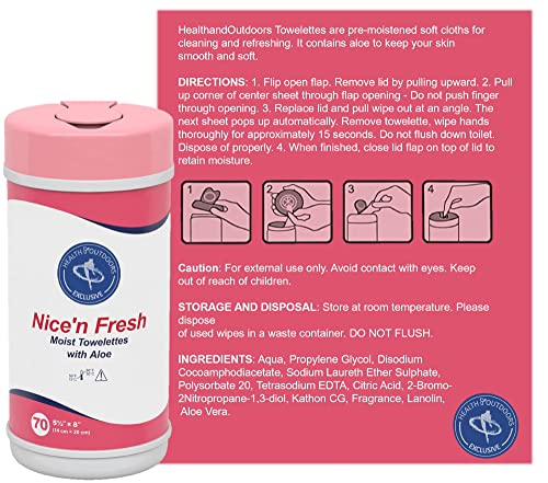 HAO Nice 'n Fresh Moist Towelettes Refreshing Skin Cleansing Wipes With Aloe and Lanolin (70 Count) Travel Tub