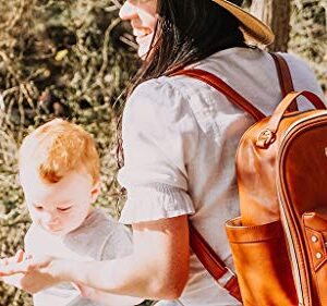 Itzy Ritzy Mini Diaper Bag Backpack - Chic Mini Diaper Bag Backpack with Vegan Leather Changing Pad, 8 Total Pockets (4 Internal and 4 External), Grab-Top Handle and Rubber Feet, Cognac