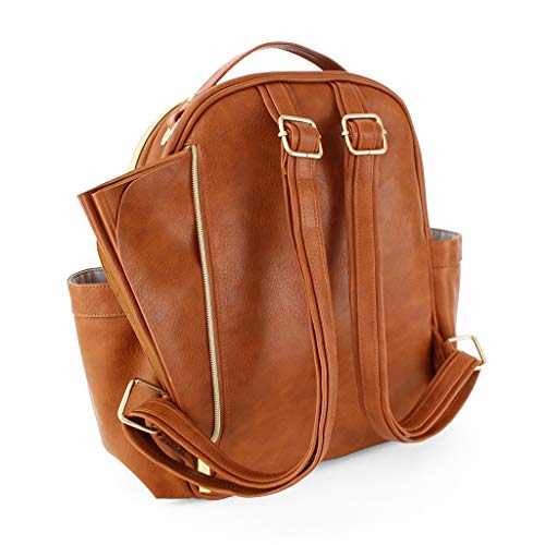 Itzy Ritzy Mini Diaper Bag Backpack - Chic Mini Diaper Bag Backpack with Vegan Leather Changing Pad, 8 Total Pockets (4 Internal and 4 External), Grab-Top Handle and Rubber Feet, Cognac