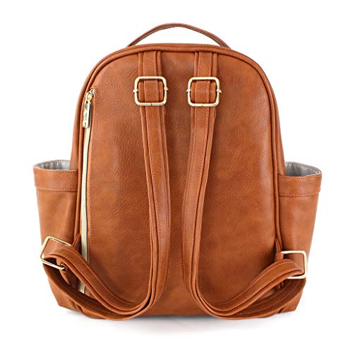 Itzy Ritzy Mini Diaper Bag Backpack - Chic Mini Diaper Bag Backpack with Vegan Leather Changing Pad, 8 Total Pockets (4 Internal and 4 External), Grab-Top Handle and Rubber Feet, Cognac