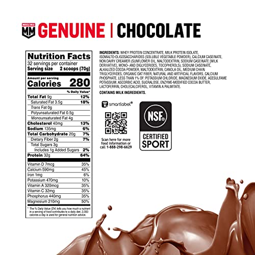 Muscle Milk Genuine Protein Powder, Chocolate, 4.94 Pound, 32 Servings, 32g Protein, 2g Sugar, Calcium, Vitamins A, C & D, NSF Certified for Sport, Energizing Snack, Packaging May Vary