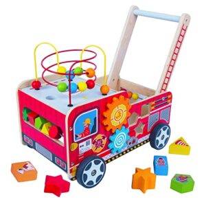 kids toyland wooden baby walker with bead maze for 1 year old and up, wooden push toy for 12 month, wooden cart with blocks