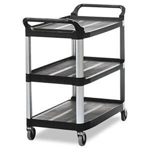 rubbermaid commercial products heavy duty 3-shelf rolling service/utility/push cart, 300 lbs. capacity, black, for foodservice/restaurant/cleaning (fg409100bla)