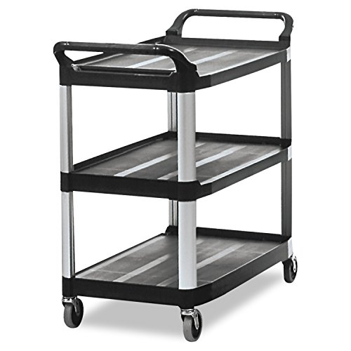 Rubbermaid Commercial Products Heavy Duty 3-Shelf Rolling Service/Utility/Push Cart, 300 lbs. Capacity, Black, for Foodservice/Restaurant/Cleaning (FG409100BLA)