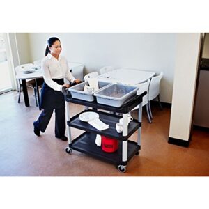 Rubbermaid Commercial Products Heavy Duty 3-Shelf Rolling Service/Utility/Push Cart, 300 lbs. Capacity, Black, for Foodservice/Restaurant/Cleaning (FG409100BLA)