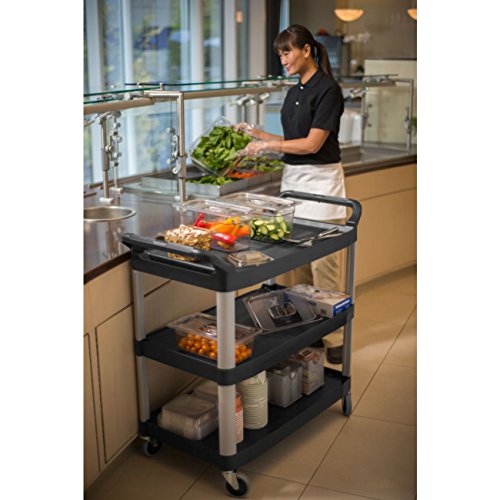 Rubbermaid Commercial Products Heavy Duty 3-Shelf Rolling Service/Utility/Push Cart, 300 lbs. Capacity, Black, for Foodservice/Restaurant/Cleaning (FG409100BLA)