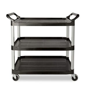 Rubbermaid Commercial Products Heavy Duty 3-Shelf Rolling Service/Utility/Push Cart, 300 lbs. Capacity, Black, for Foodservice/Restaurant/Cleaning (FG409100BLA)