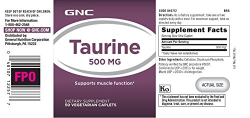 GNC Taurine Capsules 500 mg - 50 Vegetarian Caplets