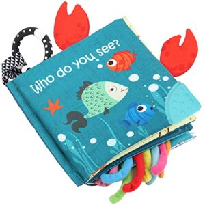 fish baby books toys, touch and feel crinkle soft cloth books for babies,toddlers,infants,kids activity early education toy, shark tails teething toys teether ring, baby book octopus, ocean sea animal