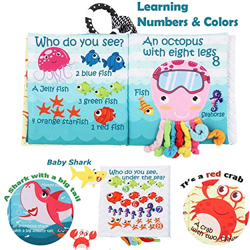 Fish Baby Books Toys, Touch and Feel Crinkle Soft Cloth Books for Babies,Toddlers,Infants,Kids Activity Early Education Toy, Shark Tails Teething Toys Teether Ring, Baby Book Octopus, Ocean Sea Animal