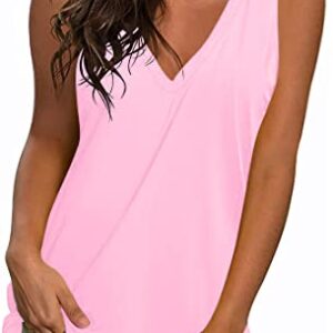 LONGYUAN Ladies Tunic Sleeveless Casual T shirts V Neck Tank Tops Soft Loose Fit Blouses Pink,Small