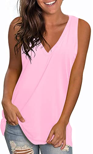 LONGYUAN Ladies Tunic Sleeveless Casual T shirts V Neck Tank Tops Soft Loose Fit Blouses Pink,Small