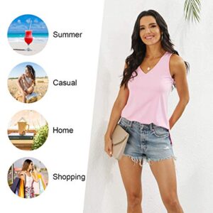 LONGYUAN Ladies Tunic Sleeveless Casual T shirts V Neck Tank Tops Soft Loose Fit Blouses Pink,Small