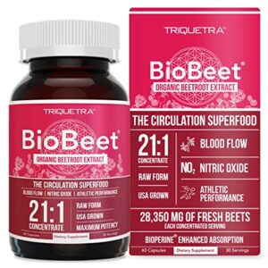 biobeet® max strength beet root capsules – 21:1 concentrate, each serving derived from 28,350 mg organic beetroot – absorption enhancement with bioperine® black pepper extract (60 capsules)
