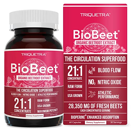 BioBeet® Max Strength Beet Root Capsules - 21:1 Concentrate, Each Serving Derived from 28,350 mg Organic Beetroot - Absorption Enhancement with BioPerine® Black Pepper Extract (60 Capsules)