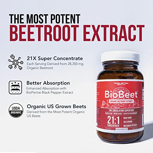 BioBeet® Max Strength Beet Root Capsules - 21:1 Concentrate, Each Serving Derived from 28,350 mg Organic Beetroot - Absorption Enhancement with BioPerine® Black Pepper Extract (60 Capsules)