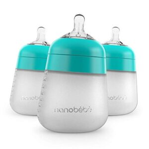 nanobebe flexy silicone baby bottles, anti-colic, natural feel, non-collapsing nipple, non-tip stable base, easy to clean – 3-pack, teal, 9 oz