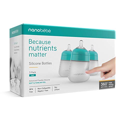 Nanobebe Flexy Silicone Baby Bottles, Anti-Colic, Natural Feel, Non-Collapsing Nipple, Non-Tip Stable Base, Easy to Clean - 3-Pack, Teal, 9 oz