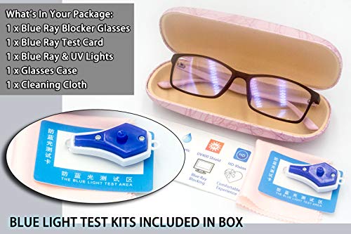 Women Anti Blue Light Glasses Block Eye Strain Glare with Case Tester, Gaming Computer Glasses Blue Light Block Glasses Filter UV Blocker Clear Lens Small Face Narrow Rectangle Nerd Frame Pink Black