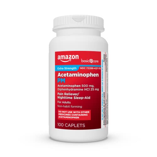 Amazon Basic Care Acetaminophen PM, Pain Reliever Plus Nighttime Sleep Aid, 100 Count