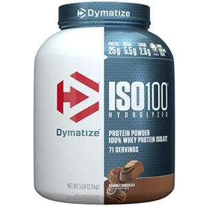 dymatize iso100 hydrolyzed protein powder, 100% whey isolate protein, 25g of protein, 5.5g bcaas, gluten free, fast absorbing, easy digesting, gourmet chocolate, 5 pound