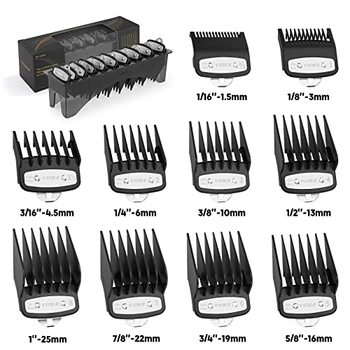 Yinke Clipper Guards Premium Kit for Wahl Clippers Trimmers with Metal Clip - 10 Cutting Lengths from 1/16” to 1” (1.5-25mm) Fits Most Size Wahl Clippers with Include Holder Organization (Black 10)