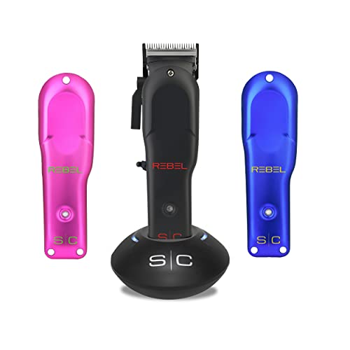 Stylecraft Rebel Professional Super-Torque Cordless Hair Clipper (Modular Lids: Pink, Blue, Black Included), Black Diamond Carbon Fusion Faper Blades