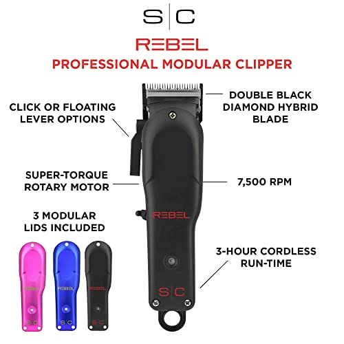 Stylecraft Rebel Professional Super-Torque Cordless Hair Clipper (Modular Lids: Pink, Blue, Black Included), Black Diamond Carbon Fusion Faper Blades