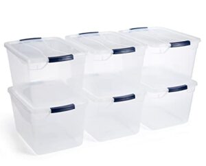 rubbermaid cleverstore clear 30 qt/7.5 gal, pack of 6 stackable plastic storage containers with durable latching clear lids, visible storage, great for closet, laundry, and kitchen