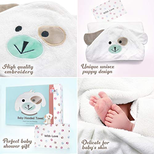 FOREVERPURE Baby Gift Hooded Towel 100% Organic Bamboo Cotton, Super Absorbent, for Boys and Girls. Ultra Soft, X-Large, 35 x 35 inches. Perfect with Washcloth and Greeting Card (White)