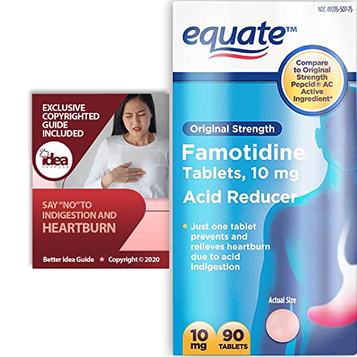 Equate Famotidine Tablets, 10 mg, Original Strength, Acid Reducer for Heartburn Relief, 90 Ct Bundle with Exclusive "Say "NO" to Indigestion and Heartburn" - Better Idea Guide (2 Items)