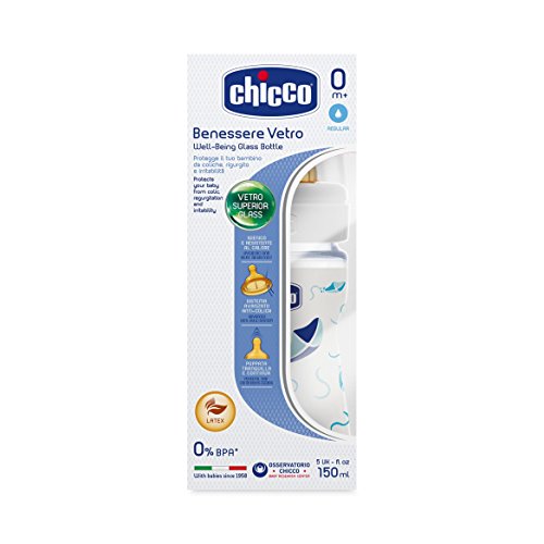 Chicco Feeding Bottle Well-Being 150ml Glass Decorated and Rubber Boy 0M +