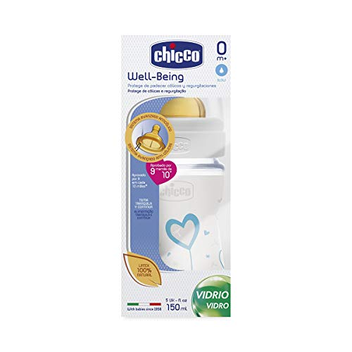 Chicco Feeding Bottle Well-Being 150ml Glass Decorated and Rubber Boy 0M +