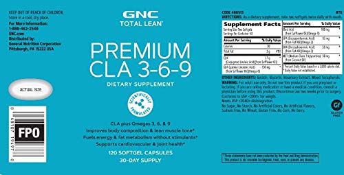 GNC Total Lean Premium CLA 3-6-9 | Improves Body Composition & Muscle Tone, Fuels Energy Without Stimulants, Supports Cardiovascular & Joint Health | 120 Softgel Capsules