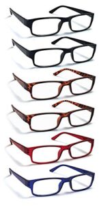 6 pack reading glasses by boost eyewear, traditional frames in black, tortoise shell, blue and red, for men and women, with comfort spring loaded hinges, assorted colors, 6 pairs (+2.50)