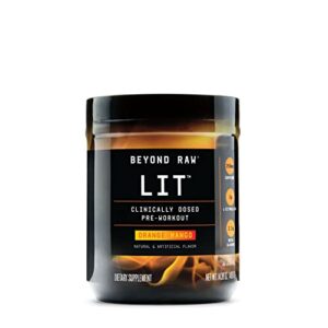 beyond raw lit | clinically dosed pre-workout powder | contains caffeine, l-citruline, and beta-alanine, nitrix oxide and preworkout supplement | orange mango | 30 servings