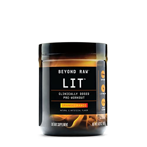 BEYOND RAW LIT | Clinically Dosed Pre-Workout Powder | Contains Caffeine, L-Citruline, and Beta-Alanine, Nitrix Oxide and Preworkout Supplement | Orange Mango | 30 Servings