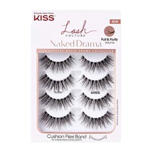 kiss lash couture naked drama collection multipack, full & fluffy volume 3d faux mink false eyelashes, cushion flexi band & split-tip technology, reusable, contact lens friendly, style ruffle, 4 pairs