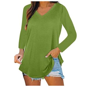womens casual long sleeve tunic shirts round neck button side blouses tops womens tops dressy casual 3/4 sleeve v neck green
