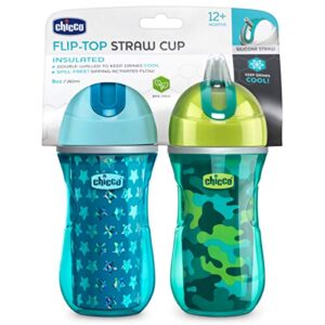 Chicco Insulated Flip-Top Straw Spill Free Baby Sippy Cup 9oz, Green/Teal, 12m+ (2pk)