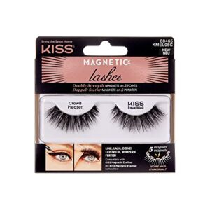kiss magnetic lashes, crowd pleaser, 1 pair of synthetic false eyelashes with 5 double strength magnets, wind resistant, dermatologist tested fake lashes last up to 16 hours, reusable up to 15 times