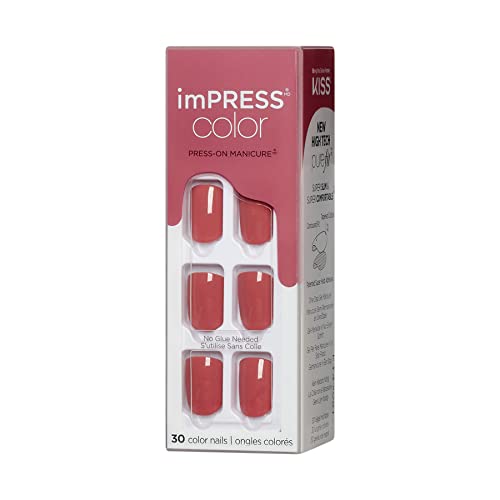 KISS imPRESS Color Polish-Free Solid Color Press-On Nails, PureFit Technology, Short Length, Platonic Pink', Includes Prep Pad, Mini Nail File, Cuticle Stick and 30 Fake Nails