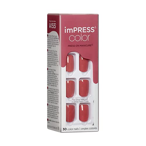 KISS imPRESS Color Polish-Free Solid Color Press-On Nails, PureFit Technology, Short Length, Platonic Pink', Includes Prep Pad, Mini Nail File, Cuticle Stick and 30 Fake Nails