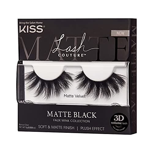 KISS Lash Couture Matte Black Faux Mink Collection, False Eyelashes 1-Pack, Soft Real Mink Texture & Matte Finish, High Impact Color, 3D Volume, Knot-Free Lash Band, Reusable, Matte Velvet, 1 Pair