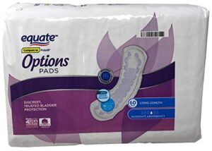 equate options moderate absorbency long length incontinence pads, 60 count