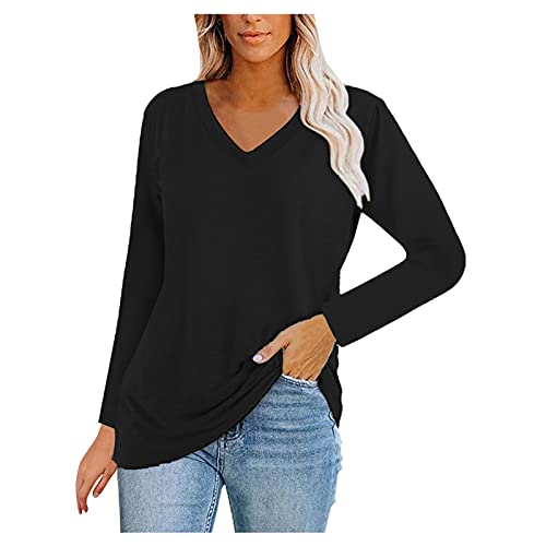 Breniney Womens Black Cotton Long Sleeve T-Shirt Long Sleeve V Neck Dress for Women Long Sleeve Tops for Women Casual Fall