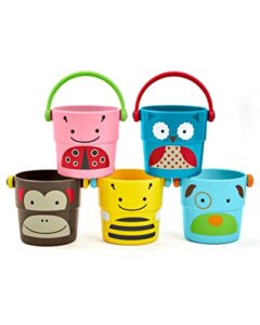 skip hop baby bath toy, zoo stack & pour buckets