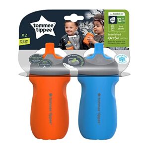 Tommee Tippee Insulated Sportee Water Bottle for Toddlers, Spill-Proof, Playful and Colorful Designs, Easy to Hold Handle, 9oz, 12m+, Pack of 2, Blue and Orange
