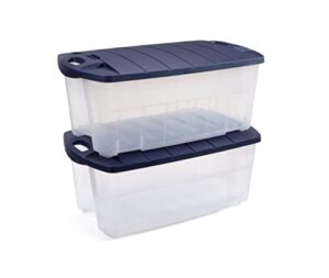 rubbermaid 28 gallon jumbo clear tote, stackable, large capacity, home, garage, and office storage organizers, durable snap-tight lids, clear bins/dark indigo metallic lids, pack of 2