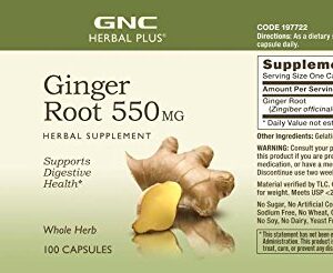 GNC Herbal Plus Ginger Root 550mg, 100 Capsules, Supports Digestive Health